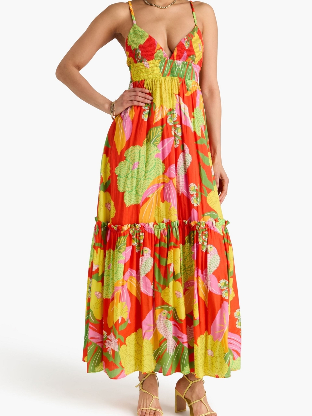 FARM Rio Neon Floral Tiered Cotton Maxi Dress